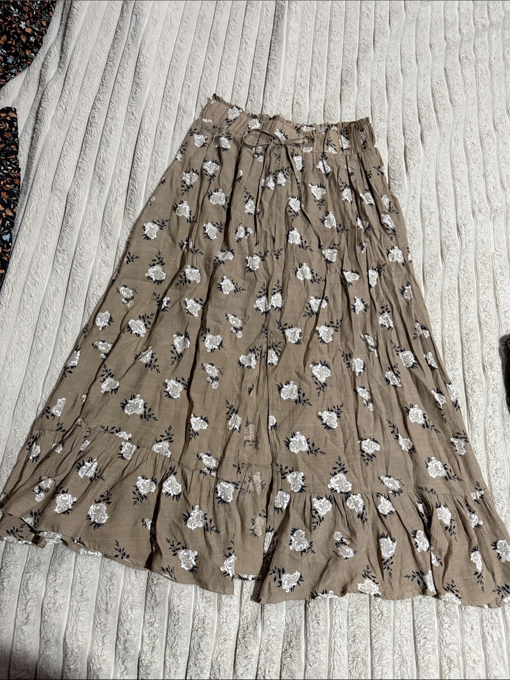 BiBi Taupe Maxi Skirt with White Rose Print